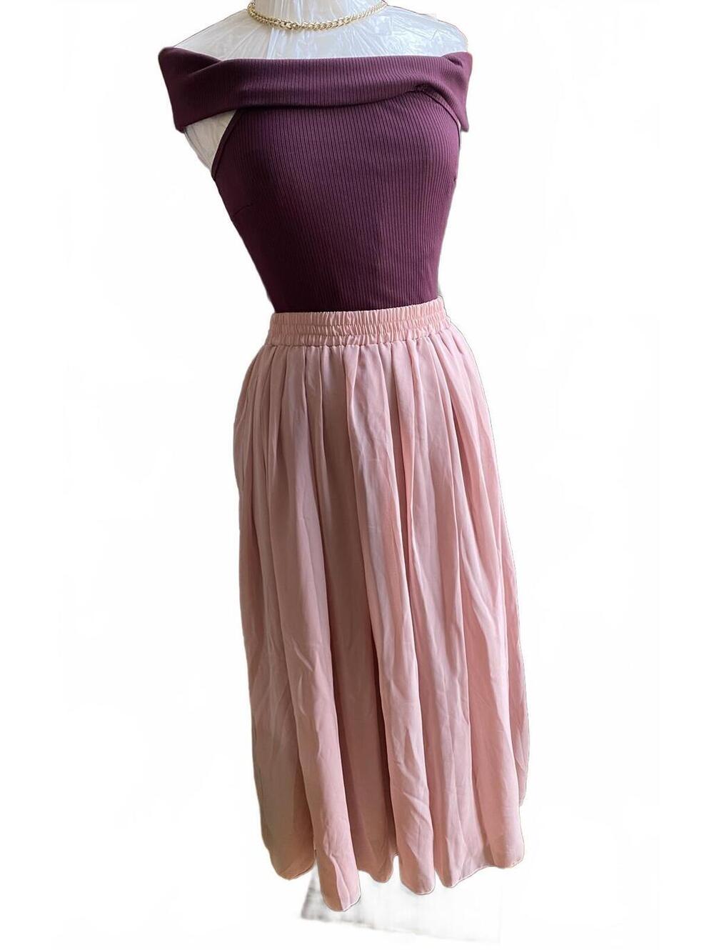 Women’s Pink Pleated Midi Skirt with Elastic Waistband XL